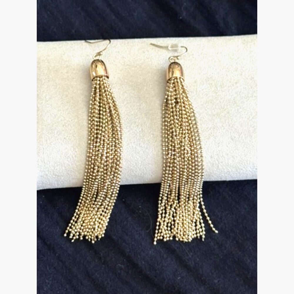 Gold Tone Long Tassel Earrings Sparkly Chain Fringe Statement Never Worn